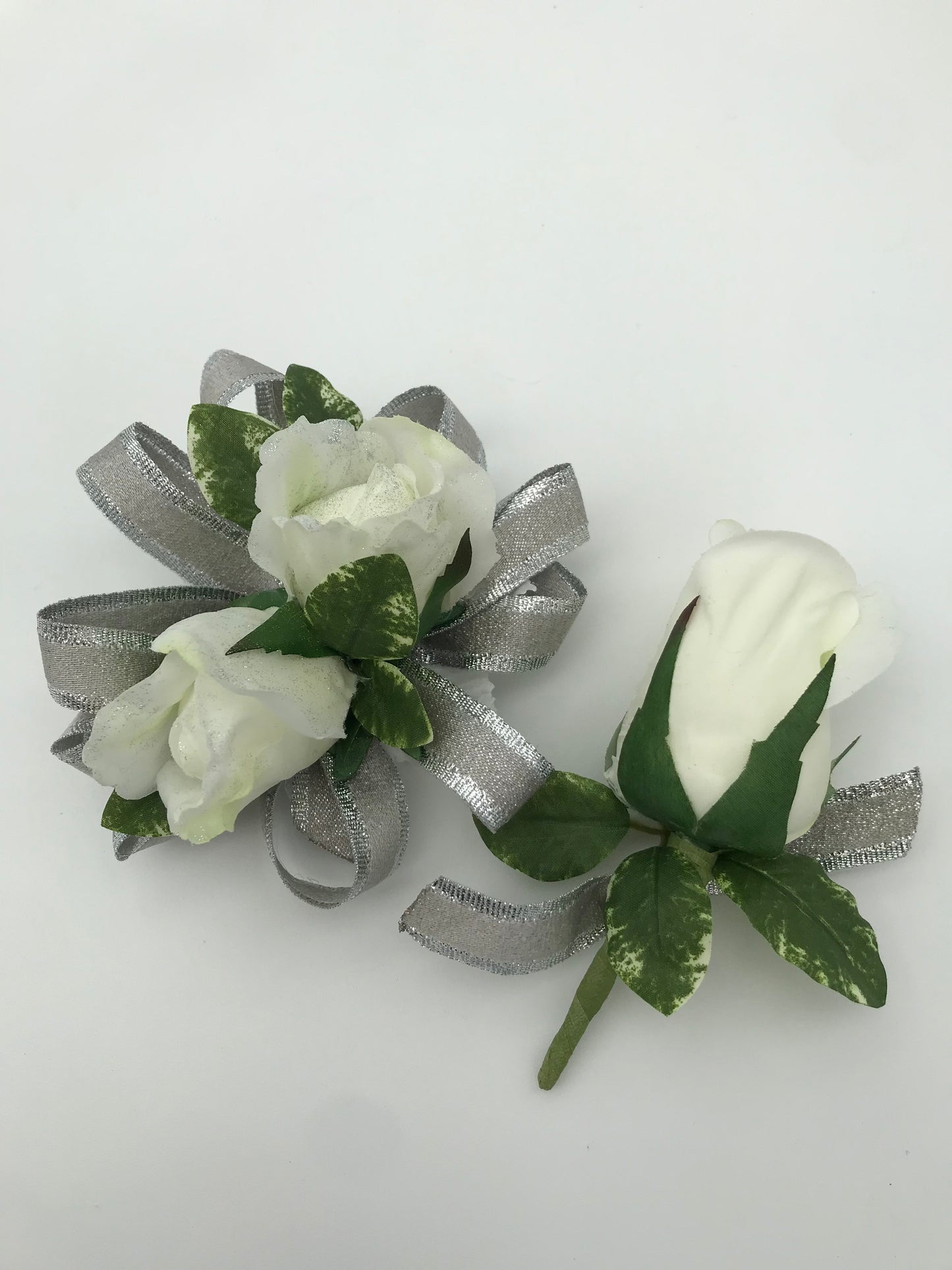 Artificial Flowers - Wrist Corsage and Pin-on Boutonniere (White Roses)